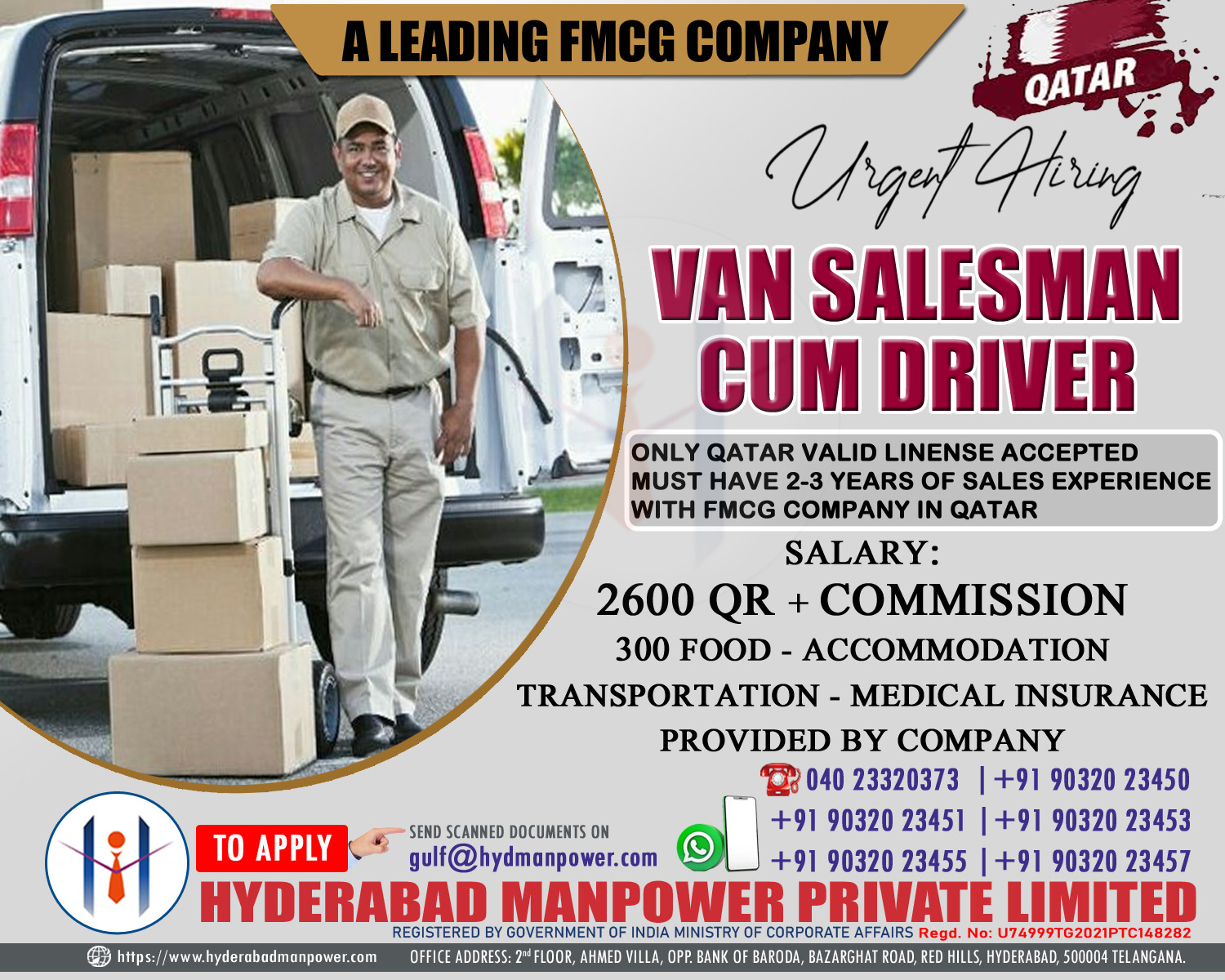 Urgent Hiring Van Salesman cum Driver for Qatar