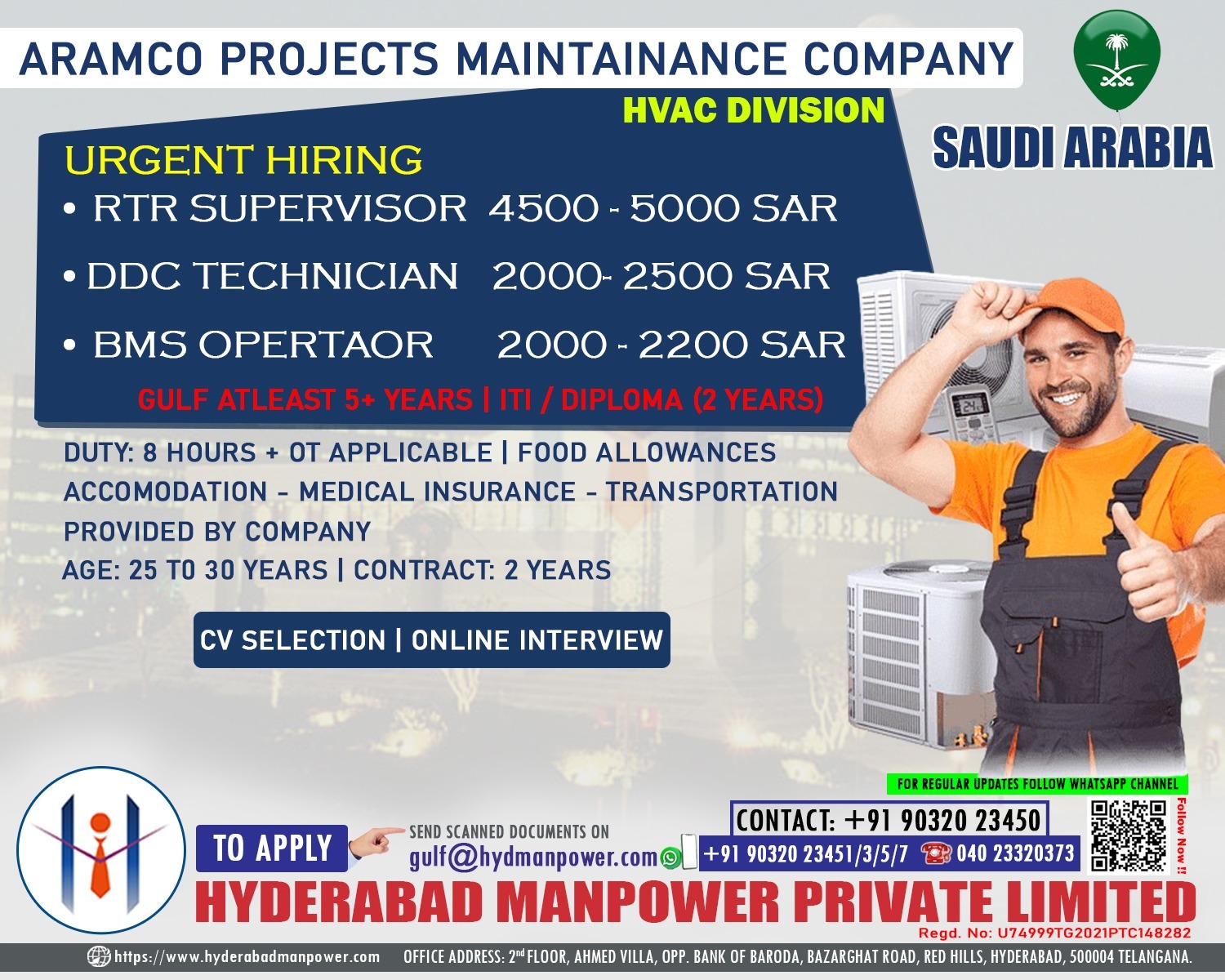 Job Opportunities in Saudi Arabia – Aramco Maintenance Projects (HVAC Division)