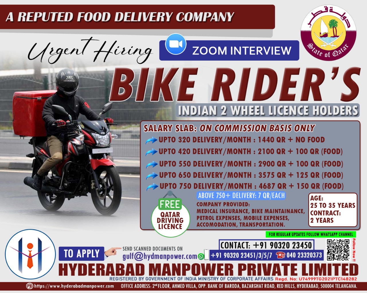 Urgent Hiring Bike Riders for Food Delivery Jobs in Qatar - Apply Now