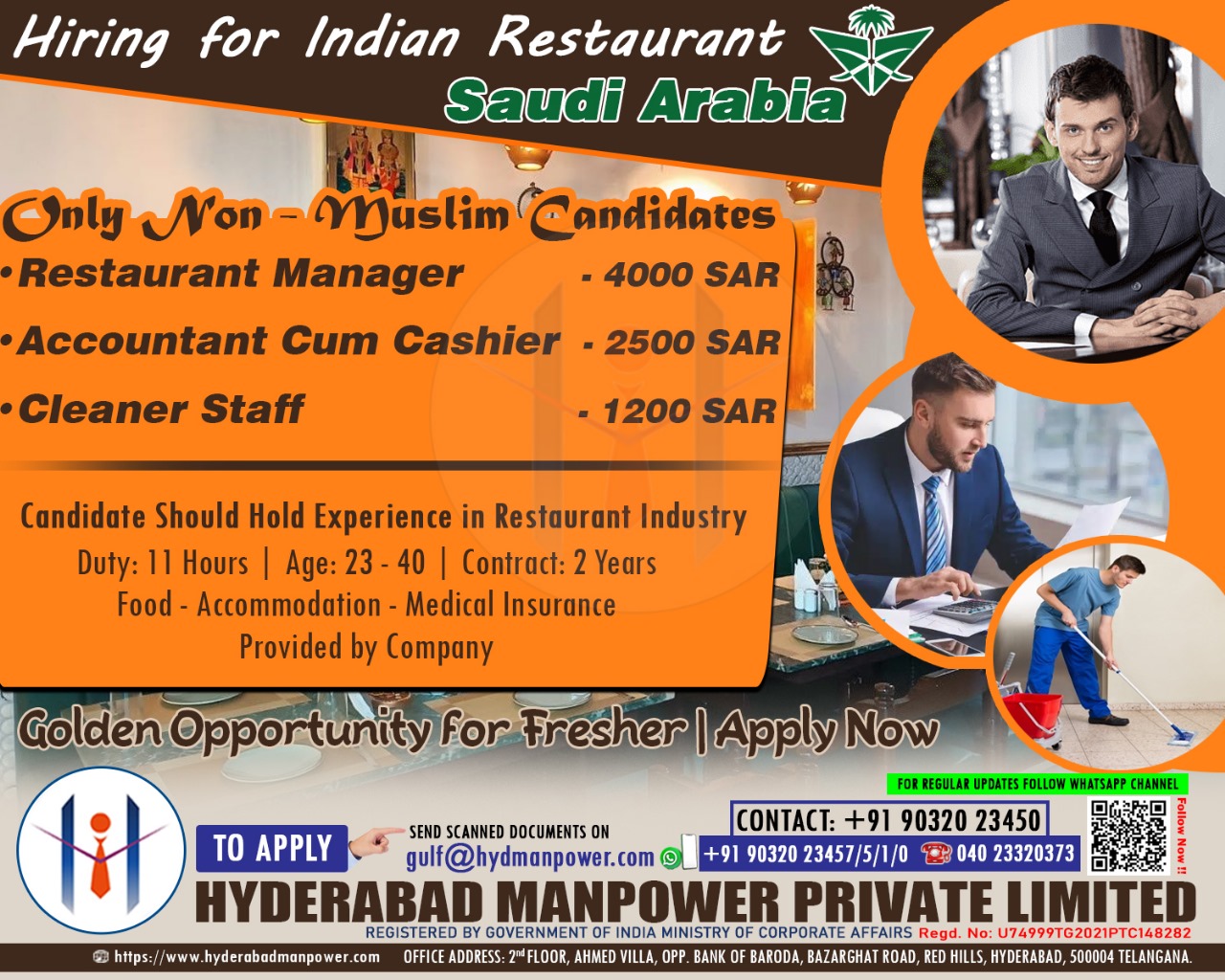 Hiring for Restaurant Manager, Accountant cum Cashier, and Cleaner Staff roles in an Indian restaurant for Saudi Arabia